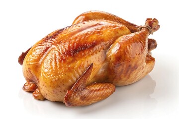 Golden roasted whole chicken isolated on white background