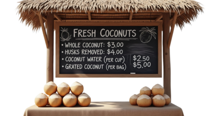 Fresh Coconuts, Whole Coconut $3.00, Husks Removed $4.00 isolated PNG with Transparent Background