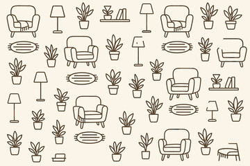Stylish home interior pattern with chairs, plants, and lamps in a modern design