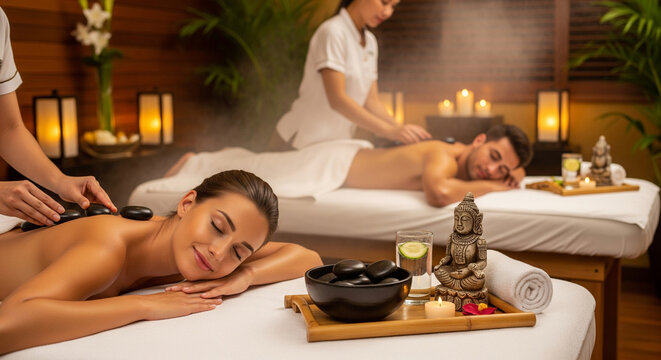 Hot stone massage in a spa at a luxury resort, young couple of clients enjoying a spa massage with basalt stones, gliding over the body with soothing warmth, peace and relaxation - Powered by Adobe