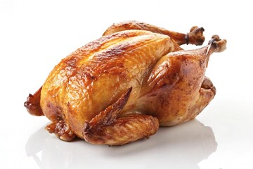 Golden roasted whole chicken isolated on white background