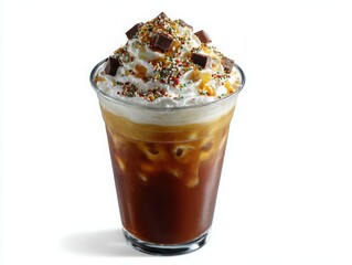 Delicious iced coffee with whipped cream and toppings isolated on white background