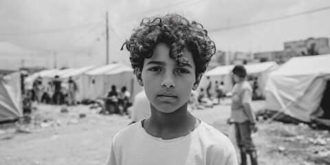 Young refugee boy with a solemn expression, set against the background of a refugee camp. Black and white photo