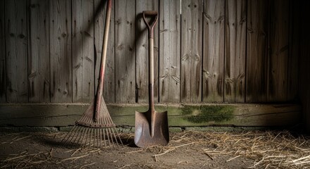 Rustic Farm Tools, Wooden Rake, Barn Wall