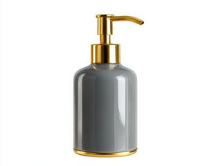 Obraz premium Grey soap dispenser with gold pump isolated on white background