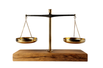 Brass scales of justice on wooden base.  Balance, law, fairness concept.