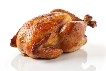 Golden brown roasted whole chicken isolated on white background