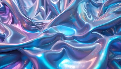 Surreal digital rendering of fabric behaving like liquid metal, vibrant iridescent colors, 3d volumetric lighting, ultra realistic textures, with pink, purple, blue, silver metallic.