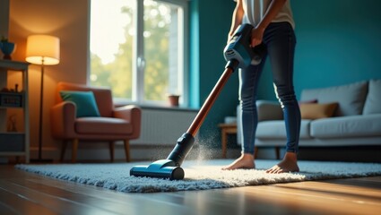 Fototapeta premium A person vacuums a light beige carpet in a living room.