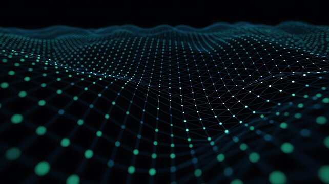 Abstract digital network of glowing blue and green dots on a dark background