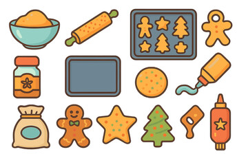 Baking gingerbread cookies with ingredients and tools for holiday festivities in a cozy kitchen setting