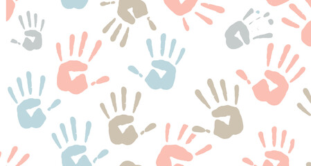 Colorful handprint pattern on white background, vibrant children art texture, multicolor palms abstract design, playful creative backdrop for education, crafts