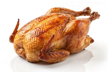 Golden brown roasted whole chicken isolated on white background