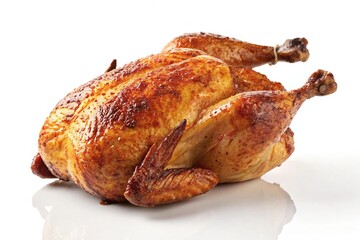 Golden brown roasted whole chicken isolated on white background