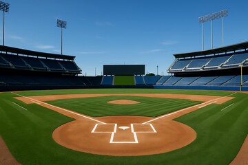 Obraz premium Classic American baseball stadium with a pristine green field and empty stands under a sunny blue sky.