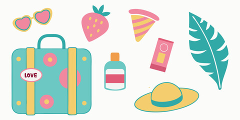 Summer Vacation Travel Vector Sticker Set. Cute Flat Design Icons of Beach Essentials including a Suitcase, Sunglasses, and a Hat for Holiday Design. Tropical Illustration Collection.