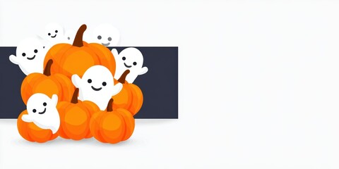 Fototapeta premium Cartoon ghosts surround piled orange pumpkins on a white background with a dark gray corner element Halloween theme