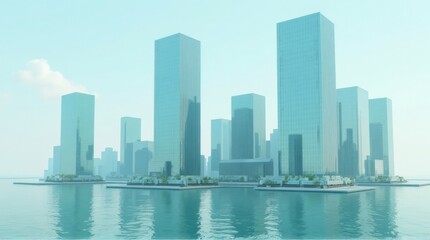 Modern City Skyline with Tall Glass Skyscrapers Reflecting on Water