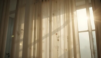Artistic image of translucent fabric hanging in front of a bright window, sunlight diffusing throungh the material, dreamy soft focus, cinematic tone.