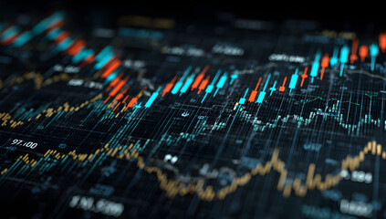 Obraz premium Dynamic blue and green digital stock market graph with bar charts and lines on a dark background, representing financial data analysis, investment trends, business growth, and global economy fluctuat