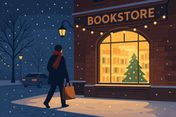 Warm cozy evening stroll by a bookstore during winter with festive decorations and soft snowfall
