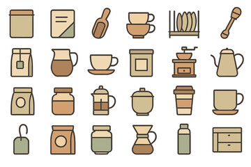 Collection of coffee and tea related items arranged on a light background showcasing brewing essentials