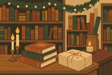 Cozy library setting decorated for the holiday season with candles and a gift on the table