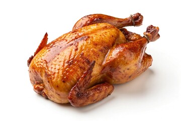 Whole roasted chicken isolated on white background