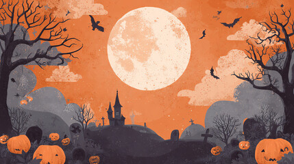 A spooky Halloween scene featuring pumpkins, bats, a full moon, and a haunted castle under an eerie orange sky.