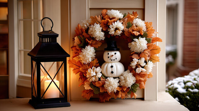 Autumn wreath with white flowers and orange leaves surrounding small snowman figure, next to black lantern with lit candle, creating warm and cozy seasonal decoration - Powered by Adobe