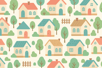 Fototapeta premium Charming illustration of colorful houses and trees in a quaint village pattern design for home decor