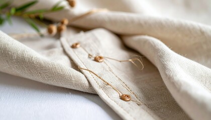Closeup Of Beige Linen Fabric With Buttons