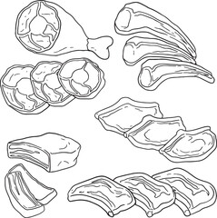 A black and white line art vector illustration of a variety of meat cuts. The set includes chicken drumsticks, various steaks, chops, and slices of meat. This graphic is perfect for projects.