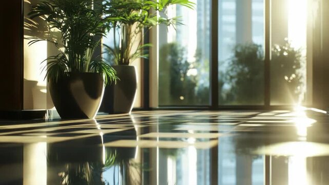 A sunlit modern office interior with a plant and reflection of the window on glass surfaces.