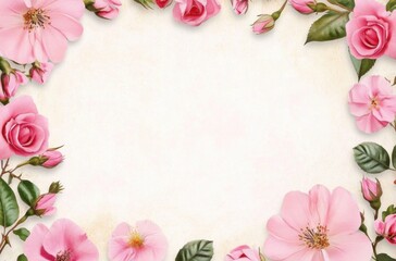 Fototapeta premium Greeting card with pink flowers frame- an empty space for texts