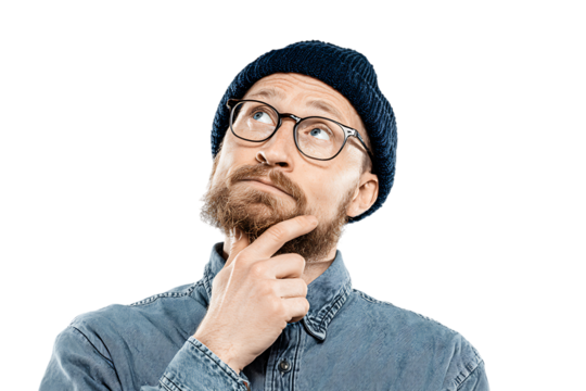 Portrait of a pensive man contemplating, isolated on black.