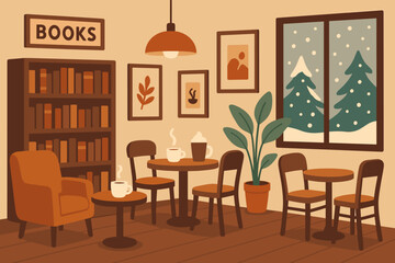 Fototapeta premium Cozy reading corner in a warm cafe with books and snow-covered trees outside during winter