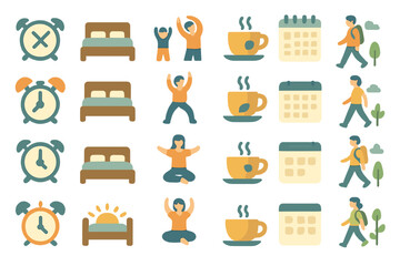 Daily routine illustrations showing activities for wellness, productivity, and mindfulness in a colorful design