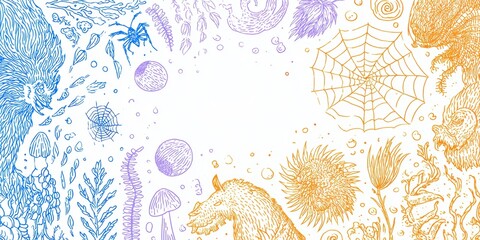 Illustrated border composed of animals and plants in blue purple and orange featuring a white central space