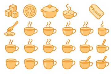 Obraz premium Various steaming cups of tea and unique ingredients on a clean, bright background showcase a cozy tea preparation atmosphere