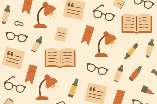 Study environment with reading materials, lamps, and glasses on a light background for academic inspiration