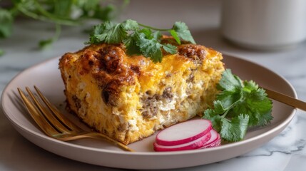 Delicious homemade breakfast casserole with fresh cilantro and radish slices