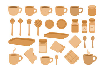 Collection of beige coffee and dessert items arranged on a white background showcasing cozy cafe vibes
