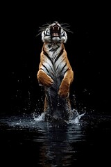 tiger in water in clean black background