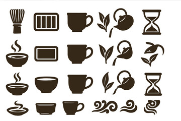 Various icons and symbols representing tea and coffee preparation and enjoyment