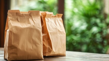 National Brown-Bag It Day Brown paper lunch bags on wooden table with greenery in background