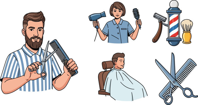 Illustrated barber shop elements including barber pole tools stylists and customer in chair