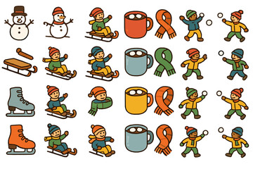 Fototapeta premium Winter activities featuring children playing in snow, enjoying warm drinks, and building a snowman