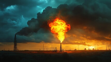 Obraz premium A dramatic gas flare illuminates stormy clouds in an oil field, highlighting the tension between technology and nature.