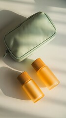 Green cosmetic bag with two orange travel bottles makeup bag